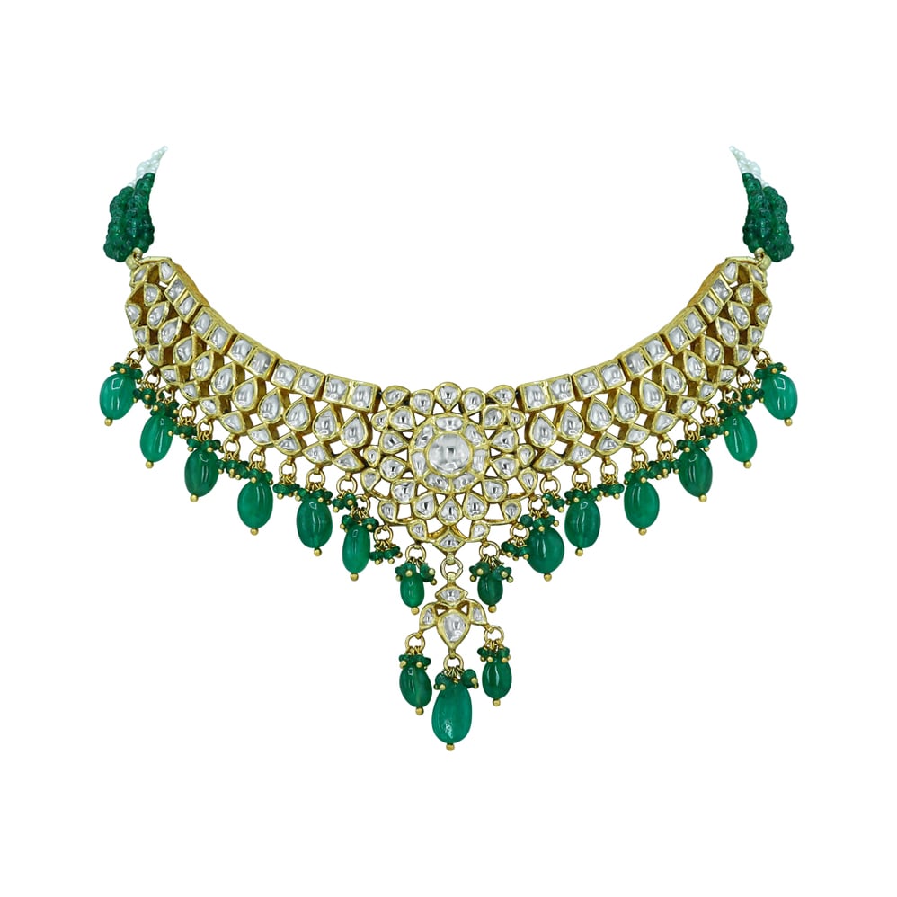 Polki Diamond Necklace with Captivating Design and Emerald Drops